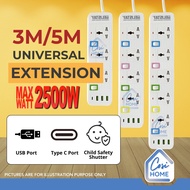 3M/5M Universal Socket Extension Plug dengan USB & Type C | Extension panjang Multi Plug Wayar Surge
