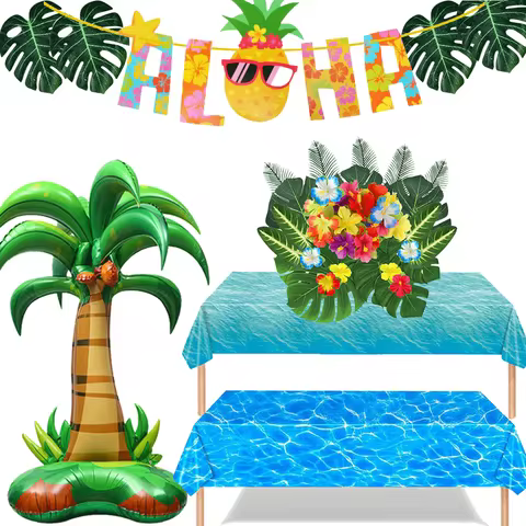 Hawaiian Luau Tropical Party Aloha Banner Artificial Plant Palm Leaves Hibiscus Flower Ocean Wave Ta