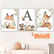 3pcs Simple And Cute Forest Nursery Name Custom Prints, Forest Animals, Deer, Rabbit, Bear, Fox, Cus