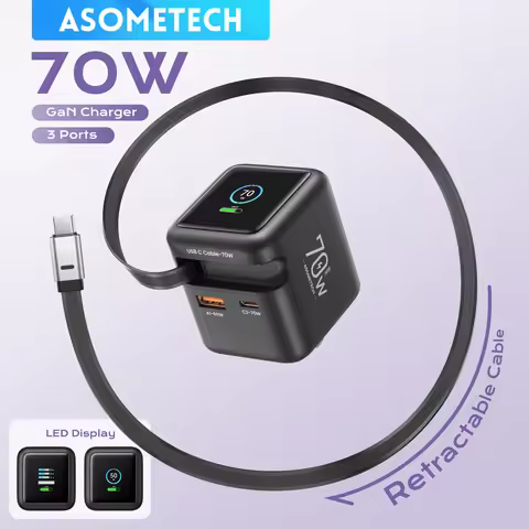 ASOMETECH 70W GaN Charger With Retractable Type C Cable 45W PD QC PPS Travel Charger for iPhone 16 L
