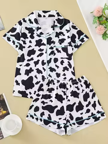Two-piece set of women's pajamas lapel top and trousers cow pattern summer casual women's pajamas ho
