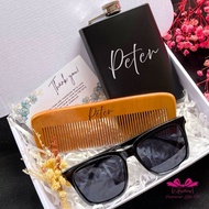 Personalized Black Matte Hip Flask, Flat Comb and Men's Sunglass Gift Box Set | Gift Set Ideas