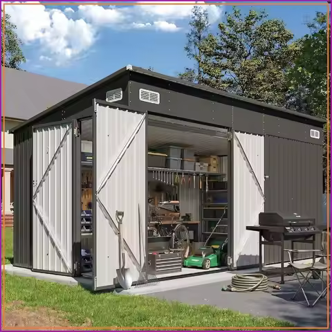 8x12 galvanized steel storage shed triple doors, sloped roof, dual lock