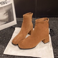 XUJIA | Giày Boots Gót Đế Dày Ankle Boots Phong Cách Pháp Gót Cao