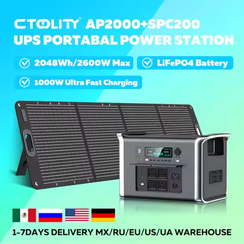 CTOLITY AP2000 2400W Portable Power Station LiFePO4 Batter+ 200W Solar Panel ETFE Solar Generator Ho