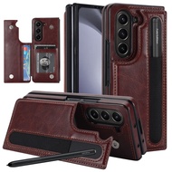 Luxury Leather Case For Samsung Galaxy Z Fold 5 Fold3 4 with Pen slot Card Holder and Stand - Anti-d