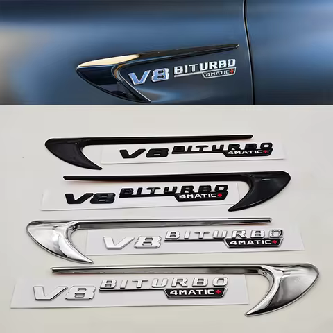 2pcs 3D ABS Vent Fender Trim Emblem Blade V8 BITURBO 4MATIC Logo Car Sticker Fender Badge For Merced