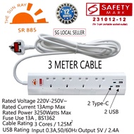 THE SUN RAY Electrical Extension Socket Plug with 2xUSB-A & 2xUSB-C Charger Port 3/4 way 3M Cable Si