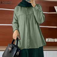 ZANZEA Muslimah Womens Muslim Raya Clothes Long Sleeve Baju Tops Button Down Casaul Shirt Blouse