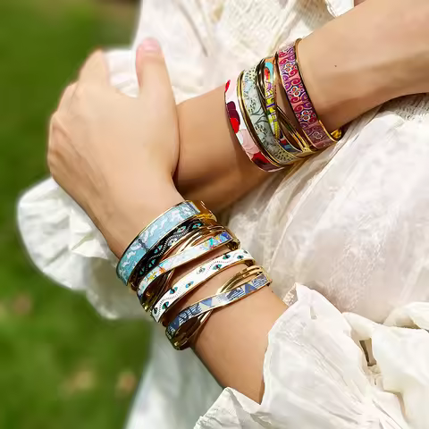 ZALMAN Colored Textured Enamel Bracelet for Women Blue Eyes Titanium Steel Jewelry Lover Gift