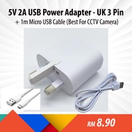 5V 2A UK 3-Pin USB Power Adapter + Micro USB Cable + Type C Adapter