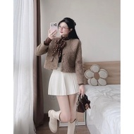 Korean women's short loose evening gown in beige brown color - elegant autumn-winter tweed evening g