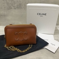 Celine 棕色 光滑牛皮革貝殼包 鏈條包 16cm