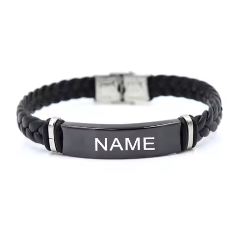 Custom logo Name Engrave Leather Bracelet Black Color customize Stainless Steel Bracelets For Women 