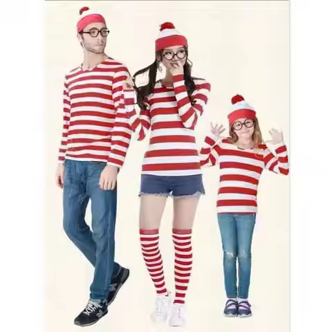 Wheres Waldo Striped Shirt Youth Boys Wally Costume Shirt Glasses and Hat Socks Unisex Adults Carniv
