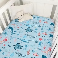 Nautical Life Baby Crib Sheet 52''x28'' Ocean Sea Turtle Whale Jellyfish Sea Horse Weeds Fitted Crib Mattress Cover for Boy Girl Nursery Bed Sheets for Standard Crib and Toddler Mattress Blue