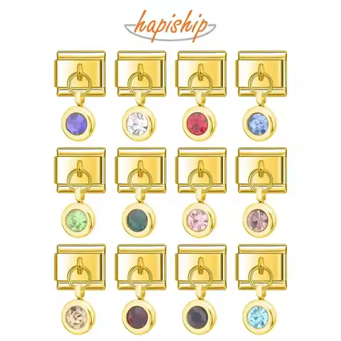 Hapiship Top New Gold 12 Month Birthday Colour Dazzling CZ Links Charm Fit 9mm Bracelet Stainless St