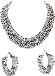 Indian Ethnic Fashion Handmade Bollywood Statement Tribal Gypsy Oxidized Collar Silver Ghungroo Beads Choker Necklace Earrings Set Jewelry, Choker, Metal, No Gemstone