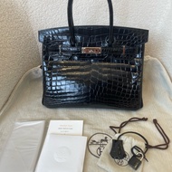 Hermes 愛馬仕Birkin30 黑銀亮面倒V稀有皮框L刻