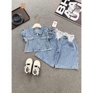 [MeoKids] E76 - Beautiful Pearl-embellished Ruffle-Sleeve Jeans Set with Stylish Jeans