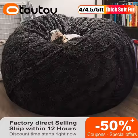 OTAUTAU 4/5ft Giant Fluffy Faxu Bunny Fur Bean Bag Pouf Cover Without Filler Floor Beanbag Lounger S