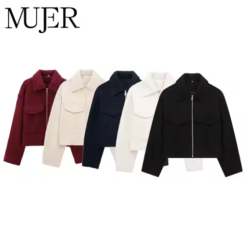 MUJER Cropped Bomber Jackets for Women White Black Tweed Jacket Woman Fall Zipper Oversize Jacket Wo