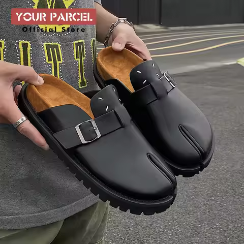 Summer New Product Tabi Slippers Cork Leather Personalized Split Toe Design Beach Shoes Black Boken 