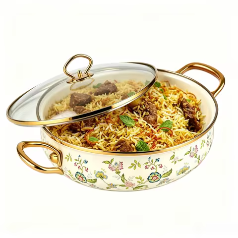 5.5Qt Enamel Stock Pot with Glass Lid – Vintage Bird & Botanical Print Nonstick Soup Pot, Dual Handl