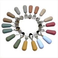 Children Fork Spoon Set Baby Fork Spoon Short Handle Stainless Steel Silicone Fork Spoon Baby Supple