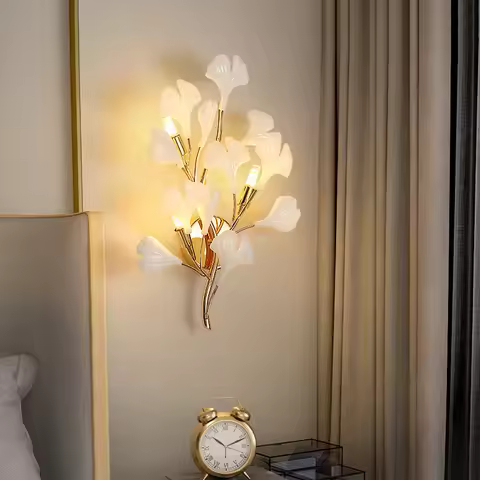 Romantic Flowers Foyer LED Wall Lamp Ceramics Leaf Bedroom Hotel Sconces Art Decorate G9 Bulb Gold M