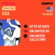 SIMPLY [eSIM] USA] T-Mobile 7 - 30 Days | Unlimited5G Data + 5GB Canada & Mexico | Local USA eSIM