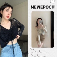 n.epoch Long Sleeve Knit Mesh Tops With Drawstring Chest Crop Fashion Shirts Women