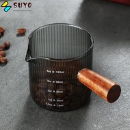 SUYO Espresso Cup, Vertical Grain Gray Milk Cup, Easy to Clean High Quality with Wood Handle Glass Measuring Cup Milk Espresso Shot