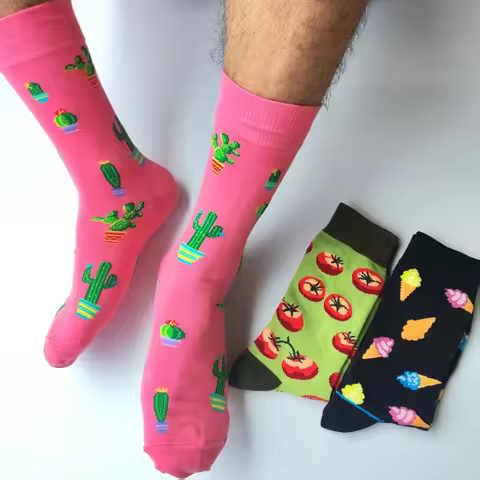 Colorful Cute Cactus Tomato Icecream Men Crew Sock Husband Boyfriend Street Socks Novelty Funky Gree