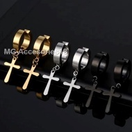 HITAM Korean Kpop Black Gold A216 Non-Pierced Clip Magnet Cross Earrings/Stainless Titanium Earrings