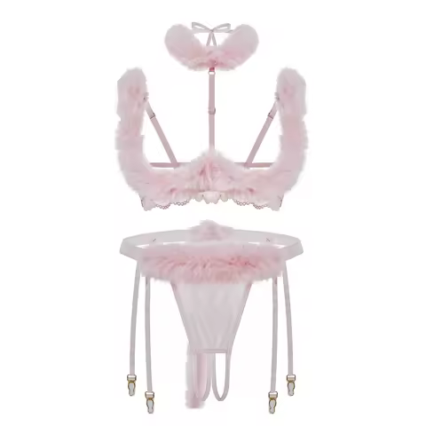 Feather Lace Heavywork Bra Set with Detachable Double Straps Women Pink Lingerie Briefs Suit Ladies 