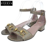 二手 Gucci Lamé Horsebit Liliane 踝帶涼鞋，女款，銀色，尺寸 36，36 1/2。