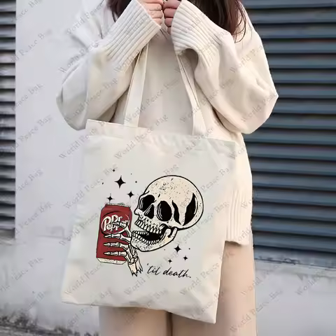 1pc Till Death Dr. Pepper Skeleton .patternTote Bag Canvas Shoulder Bag For Travel Daily Commute Wom