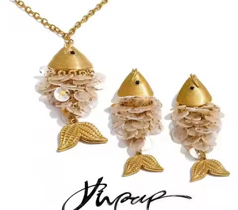Yhpup Ocean Style Colorful Shell Fish Drop Necklace Earrings Set Stainless Steel Exclusive Handmade 