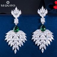 SEQUITO Light Luxury Emerald Green Zirconia Crystal Long Marquise Drop Dangle Earrings Wedding Party
