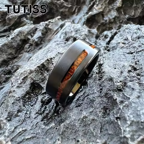 TUTISS 6mm 8mm Tungsten Couple Ring Black Men Women Wedding Band With Real Wood Inlay Offset Grooved