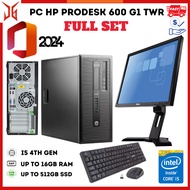 HP PRODESK 600 G1 TWR Desktop – Intel i5, Up To 16GB RAM, Up To 512GB SSD, 19" Dell Monitor Full set