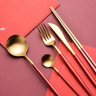 西餐刀叉歐式304不銹鋼刀叉勺高檔西餐具 紅色主餐勺主餐勺牛排刀咖啡勺