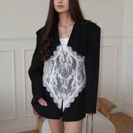 Women's Lace Patchwork V-Neck Long Sleeve Blazer Jacket, Suitable For Evening Date, Birthday Party, 