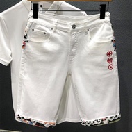 Summer New Denim Shorts Men's Stitching Embroidery Ripped Knee-Length Shorts White Black Retro Blue Fashion High Quality Jeans