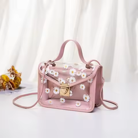 Fashion Women Transparent Daisy Pattern Shoulder Bag Hardware Chain Strap Messenger Handbag Composit
