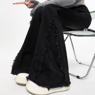 QIAOMIDUO | กางเกงยีนส์ทรงขาบานเอวสูงผ้ายืดคอตตอน กางเกงขายาวทรงขาบานสีดำสำหรับผู้หญิง ฤดูใบไม้ผลิ 2