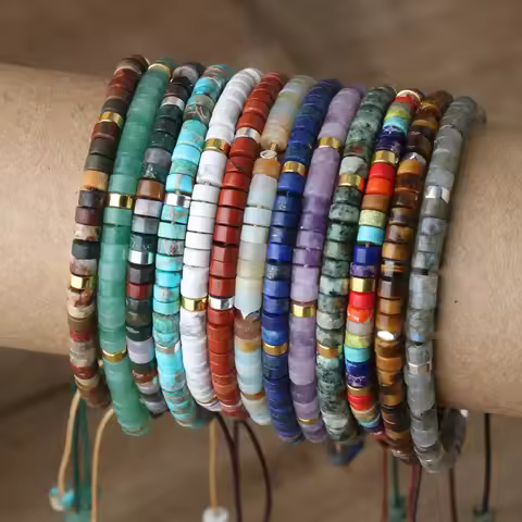 Natural Stone Disc Spacer Beads Bracelet Moonstone Labradorite Rose Quartz Dainty Adjustable Bracele