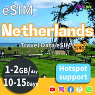 Netherland eSIM: Unlimited Data  10 or 15 Days 2GB per Day. Countries Covered:Netherlands France Spa