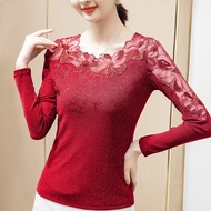 NVM new lace embroidered yarn T-shirt foreign style diamond inlaid long sleeve womens top shirt